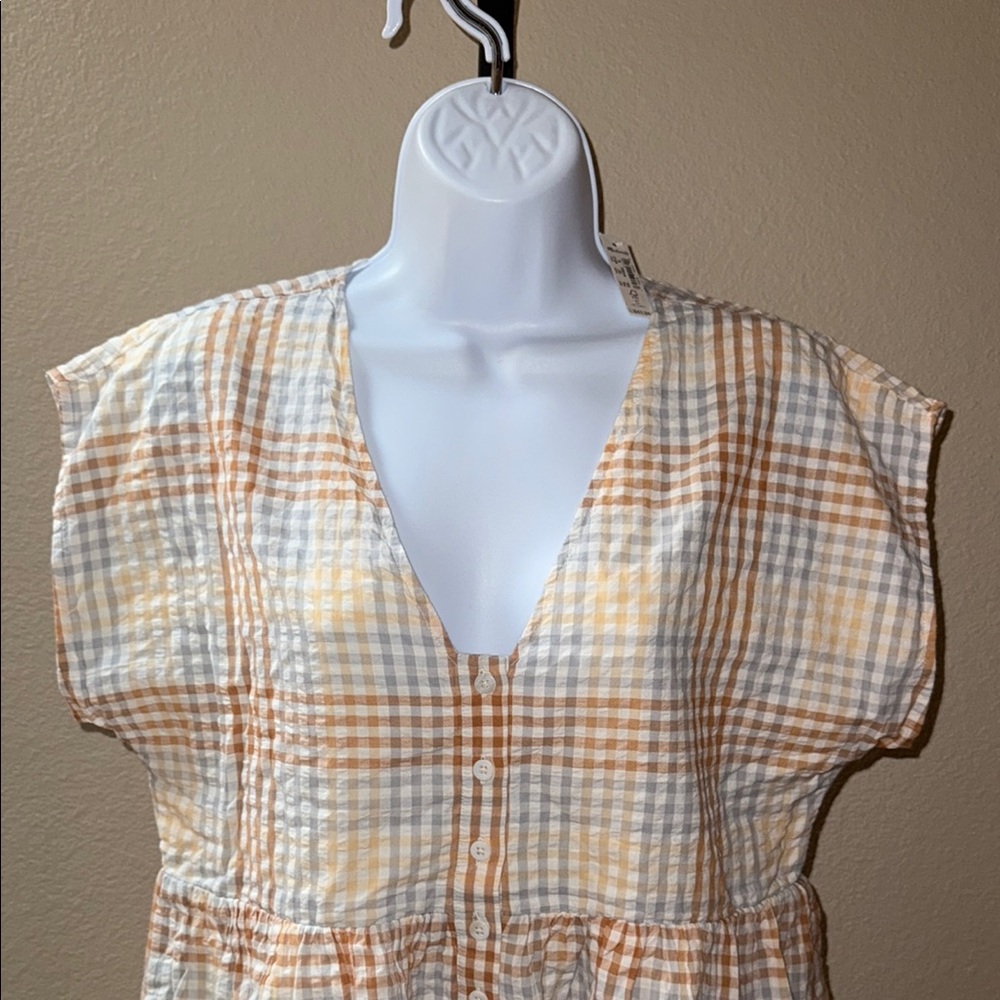 NWT Madewell Summer Mini Dress Cap Sleeve Dress Gingham Orange Gray White Size M - Picture 2 of 6